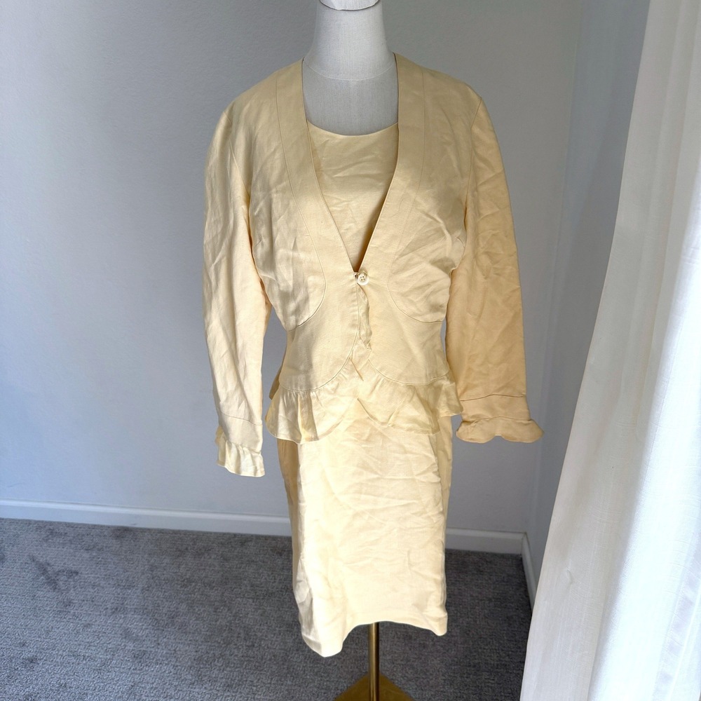 Coldwater Creek Butter Yellow Linen Blend Dress and Jacket Set 10 Preppy Brunch